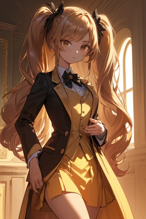 Highest quality, masterpiece, 1 Girl, Beautiful Face,  Rim Light, (Skin with attention to detail:1.2), 8K  UHD, A brown-eyed aristocratic girl with long golden twin tails、Glamorous Dress、arrogant attitude、Fantasy World、Magic Academy Student, pretty girl, Black Formal Blazer, Middle chest, Short skirt,
