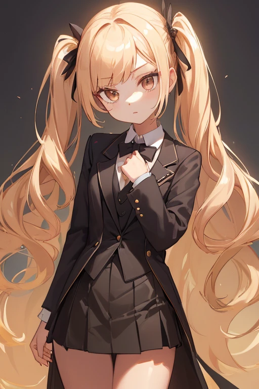Highest quality, masterpiece, 1 Girl, Beautiful Face,  Rim Light, (Skin with attention to detail:1.2), 8K  UHD, A brown-eyed aristocratic girl with long golden twin tails、Glamorous Dress、arrogant attitude、Fantasy World、Magic Academy Student, pretty girl, Black Formal Blazer, Middle chest, Short skirt,