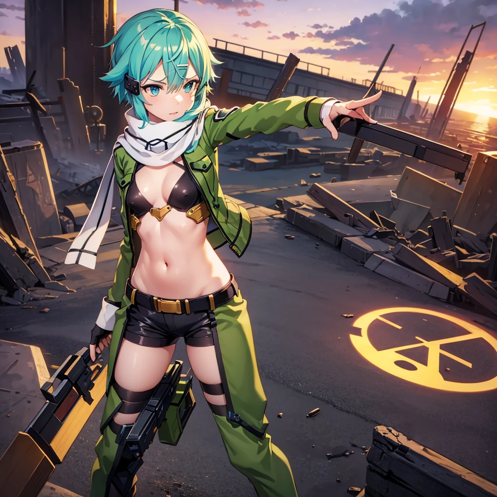 (masterpiece), best quality, expressive eyes, perfect face, highres, sinon1, scarf, fingerless gloves, long sleeves, short shorts,groin, hair ornament, hairclip, green thighhighs, green jacket,covered_nipples, thigh strap, field, sunset_ruins background, ruined structures, dynamic_posing, looking at the viewer, covered_navel,covered_nipples,