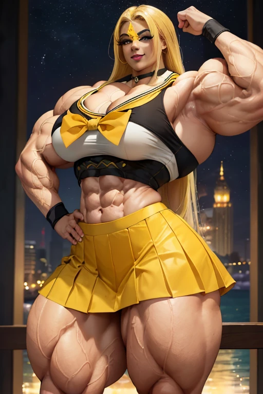 ((((Massive tall, beautiful, buff, light brown skinned muscular woman with yellow hair, black lipstick, ginormous bulky muscles and wearing a beautiful long yellow sailor top with sailor skirt)))), (close view), (massive muscles), long flowing hair, ((yellow sailor skirt)), gray eyes, choker, (((beautiful yellow sailor top))), belt, thigh high socks, black boots, (in the docks), (closed smile), night, massive muscles