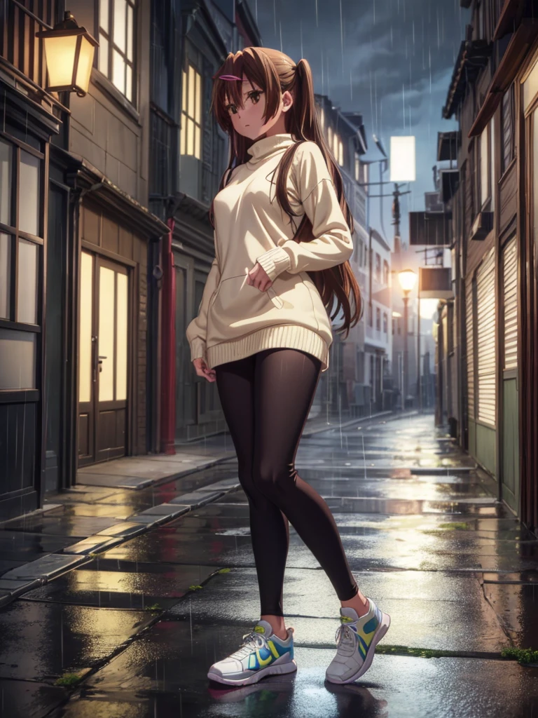 Girl, Sweater dress,Leggings, Bare breasts, chest visible, street background, Narrow passage between houses, night, rain, slim body, In full growth, Sneakers, small breast