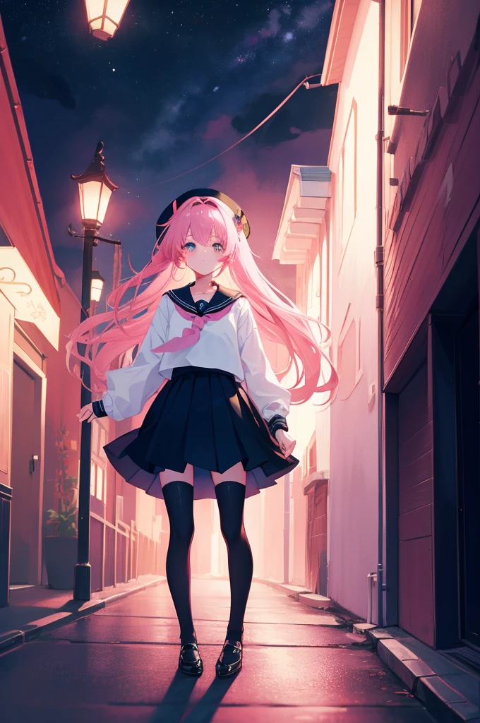 dreamy, A beautiful girl, anime style girl, pink eyes, long pink hair, wearing black sailor suit, long sleeves, black skirt, black stockings, pink, and black, holding lantern, in the old house, scary, dark, in night, whole body, show the legs and shoes in the picture
