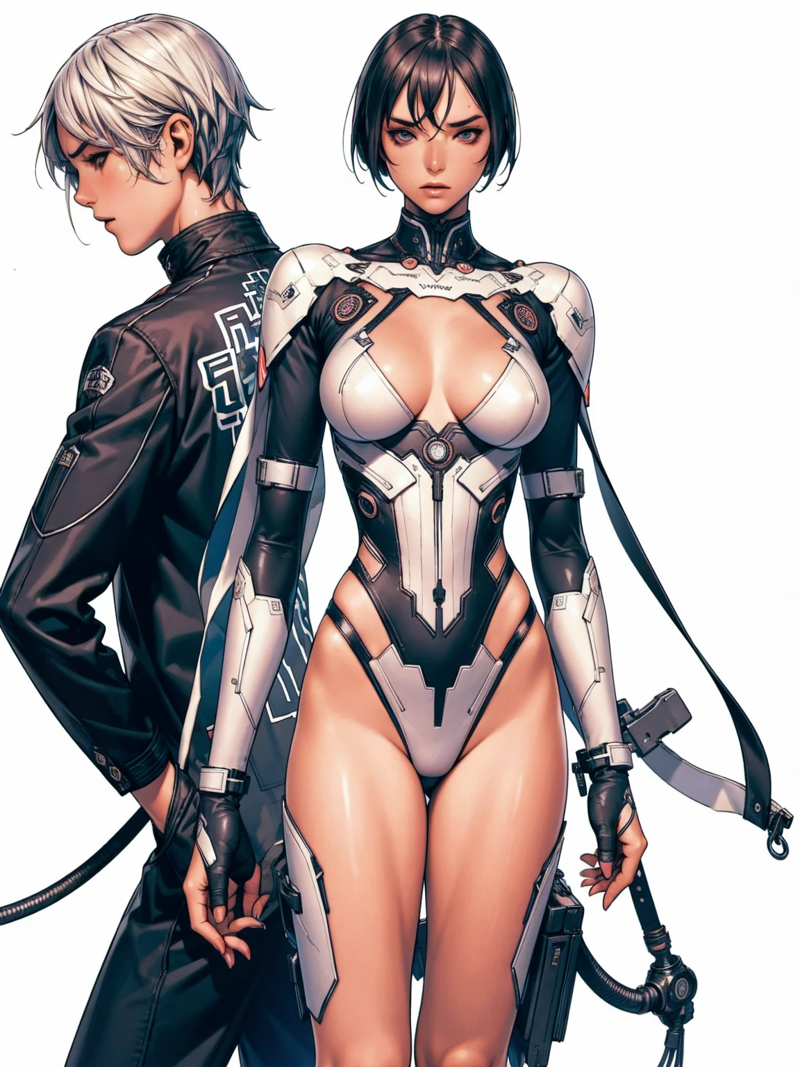 (((Annie Lennox))), ((( transparent suit ))), (((bandaged arms))), ((high collar)), (((Ryuko Matoi))), (((micro skirt with vertical seams))), (((best qualityer: 1.4))), (Unbeatable masterpiece), (hiper HD),(CG 8k hyper-realistic), (((brave face))), (((breasts big))), (((hyper feminine))), sexly girl, Thor,(black bob hair)), ((( sculptural body ))), (((1 Kizi))), Kizi cibernética de 25 anos com perfectbody,,Beautiful and well-groomed face,muscular body:1.2,solid color detailed jacket, (Head to thigh photos), Complex equipment, green dark,long pants,Tight clothes are dark,With white stars and off-white stripes,,,,,Armor Metal Electronic Parts) INFO, Kizi, (((standing alone))), pirralha violent, ((())), sexly, pose de atitude, work of art, post-apocalypse, (((manga style))), bounty hunter, violent, Manic, the way you want, slenderbody, thin but strong, perfectbody, roupa moderna, advanced technology, neon, sleeves with vertical striped pattern, neutral background, (( cowboy shot )). intricate visual