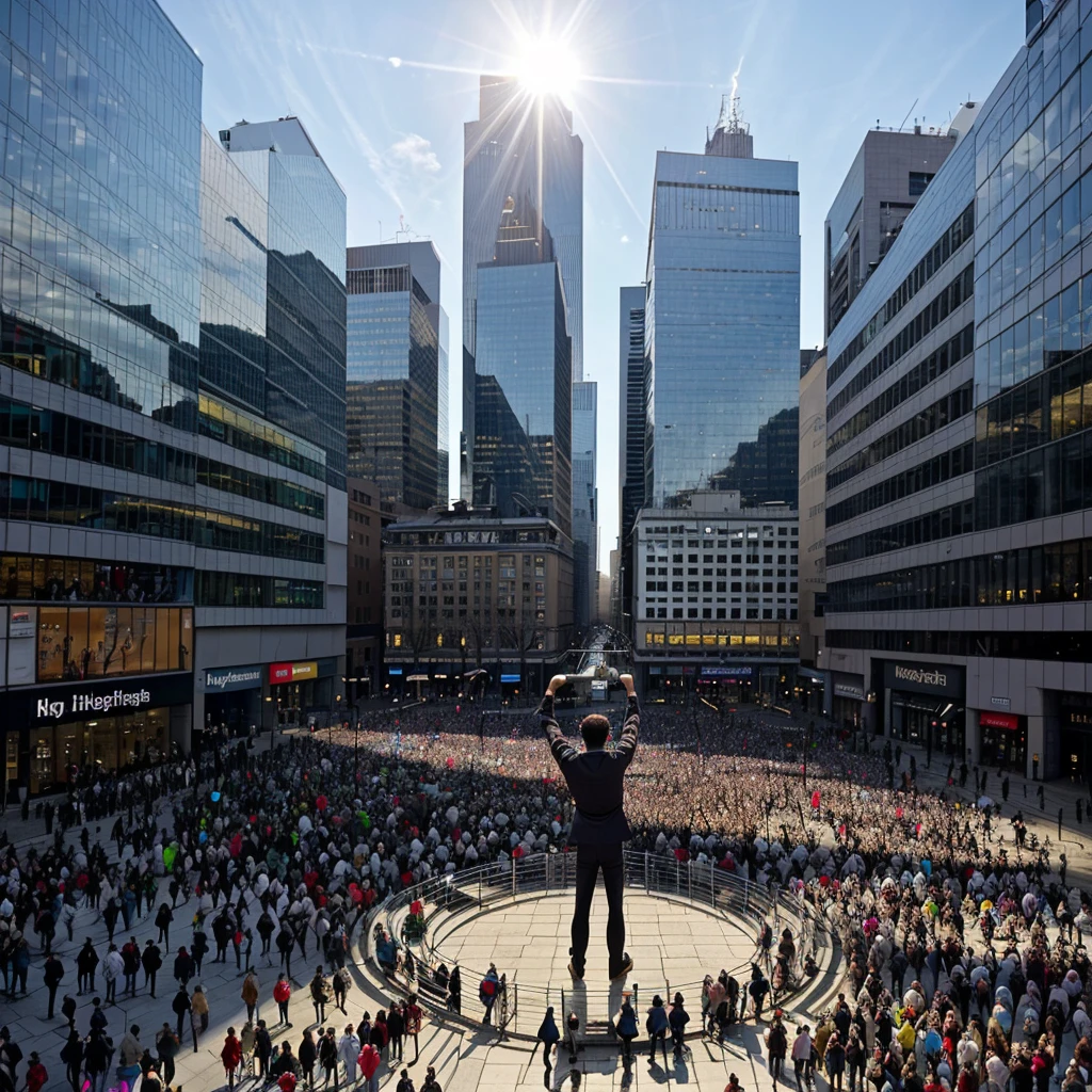 Photojournalism style. A large crowd is seen from above, packing a city square. Among them, a man stands out, levitating from the middle of the crowd. He is glowing with a bright light, his arms stretched out to the sides. The crowd around him is looking up in awe, some taking pictures with their phones. The buildings around the square are modern and tall, with glass facades reflecting the sunlight. [A2]