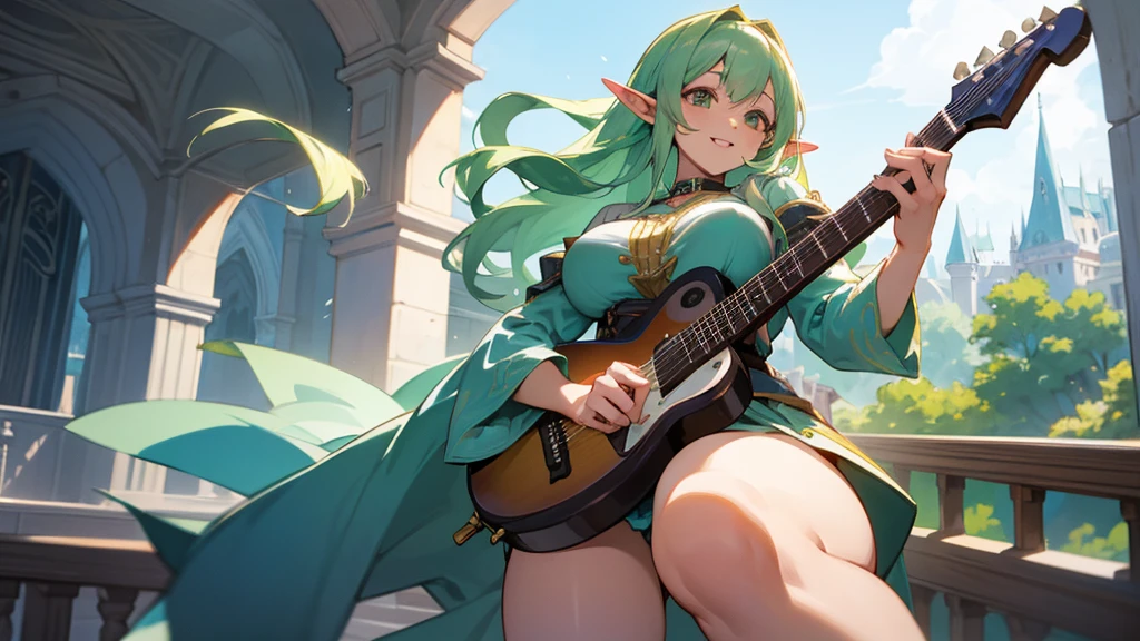 Thick thighs,Anime Style,Detailed background,Magical World,A lively balcony with many people,Smiling bard beautiful elf girl,guitar,Large Breasts