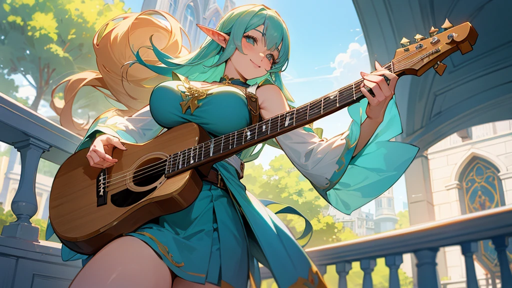 Thick thighs,Anime Style,Detailed background,Magical World,A lively balcony with many people,Smiling bard beautiful elf girl,guitar,Large Breasts