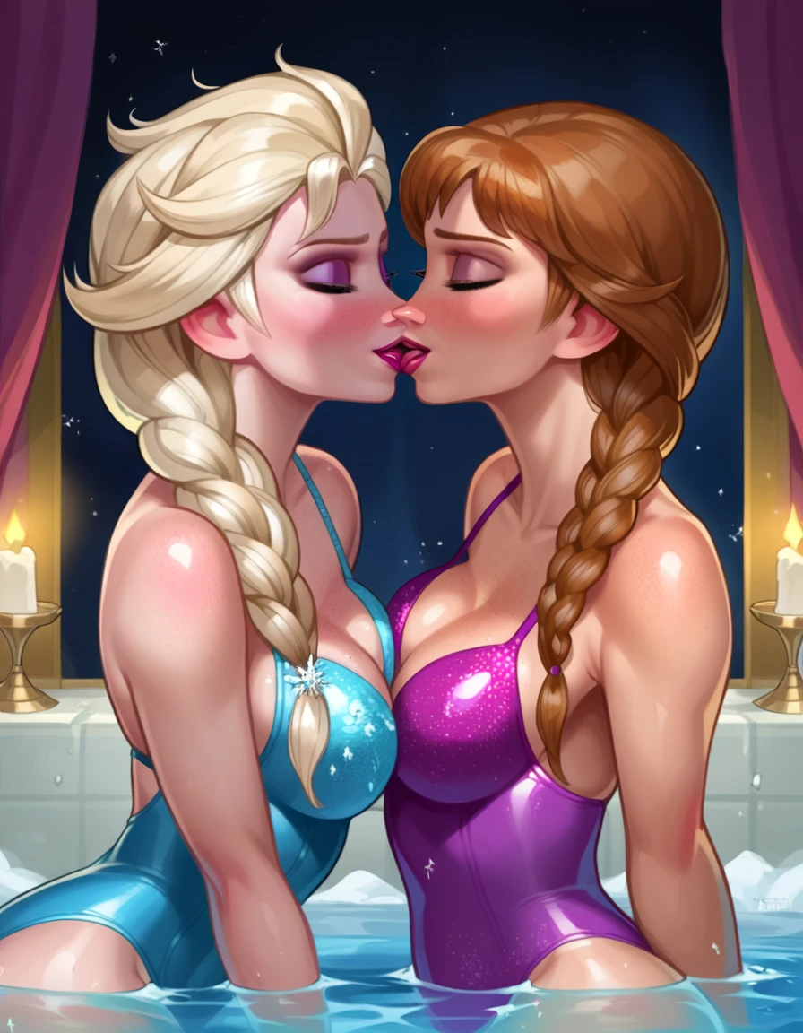 score_9, score_8_up, score_8_up, rating_explicit, source_cartoon, 2girls, (Elsa from Frozen, blonde hair, braids, sparkly ice blue swimsuit:1.6), (Anna from Frozen, brown hair, braided pigtails, purple swimsuit:1.4), yuri, girlfriends, lovers, sexy swimsuits, breasts exposed, Japanese bath, partially submerged, very detailed, beautiful eyes, beautiful face, beautiful lips, (passionate kissing:1.5), embracing, blush.