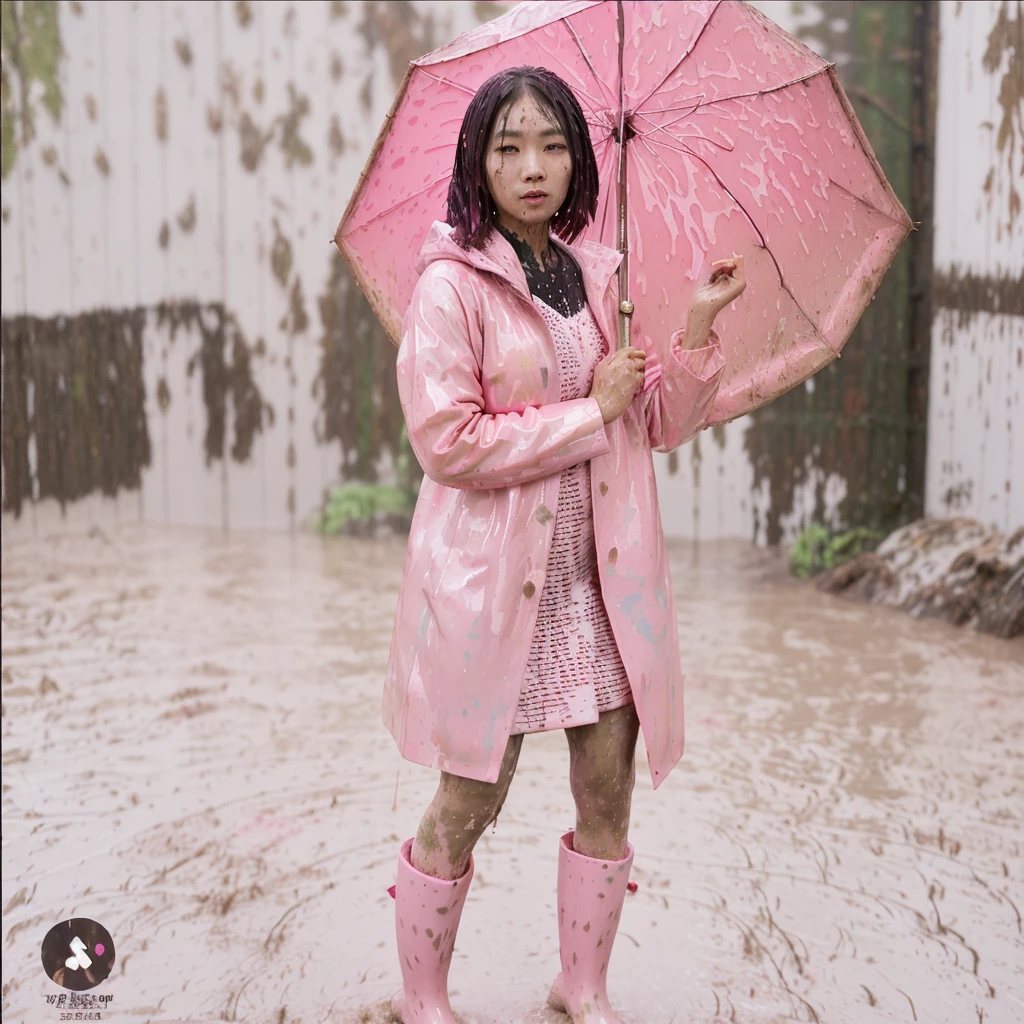 a beautiful asian woman holding a pink umbrella, cute pose, wearing a pink buttoned raincoat, tall pink rain boots, ((((muddy splatters)))), (((muddy raincoat))), (((mud dripping down clothes))) intricate details, highly detailed, masterpiece, 8k, photorealistic, cinematic lighting, vibrant colors, soft focus, elegant, feminine, beautiful, serene, graceful