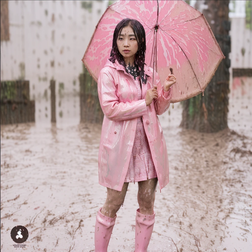 a beautiful asian woman holding a pink umbrella, cute pose, wearing a pink buttoned raincoat, tall pink rain boots, ((((muddy splatters)))), (((muddy raincoat))), (((mud dripping down clothes))) intricate details, highly detailed, masterpiece, 8k, photorealistic, cinematic lighting, vibrant colors, soft focus, elegant, feminine, beautiful, serene, graceful