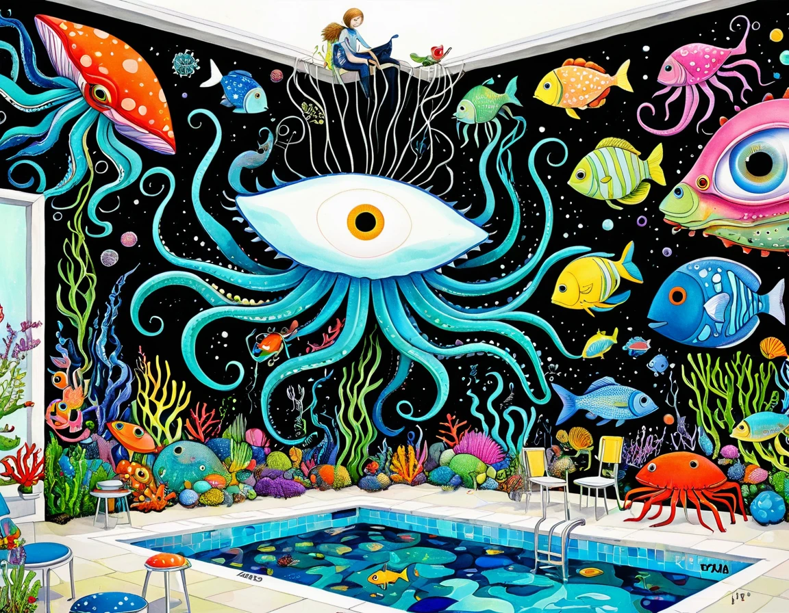 "Dick Ellescas Artist Style",(((Swimming pool))),Marine Life、Crab、fish,Tentacles,bird、Eye、diatom,Stitching together an abstract painting,Describing the inner world of autistic people,Sense of space,White Space,interesting,Innocence,Psychedelic Art,Dark Theme