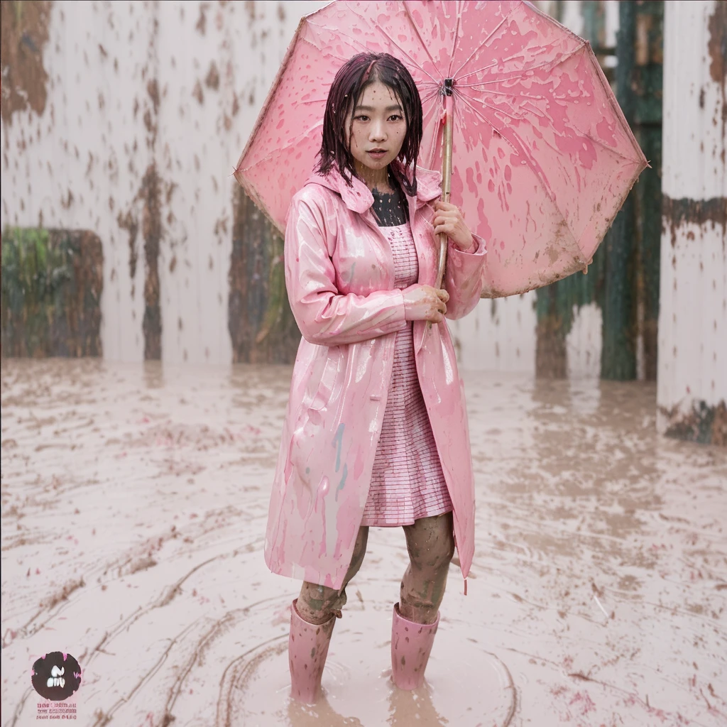 a beautiful asian woman holding a pink umbrella, cute pose, wearing a pink buttoned raincoat, tall pink rain boots, ((((muddy splatters)))), (((muddy raincoat))), (((mud dripping down clothes))) intricate details, highly detailed, masterpiece, 8k, photorealistic, cinematic lighting, vibrant colors, soft focus, elegant, feminine, beautiful, serene, graceful