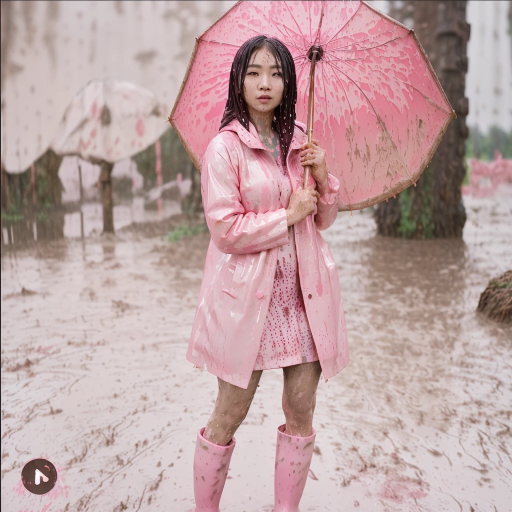 a beautiful asian woman holding a pink umbrella, cute pose, wearing a pink buttoned raincoat, tall pink rain boots, ((((muddy splatters)))), (((muddy raincoat))), (((mud dripping down clothes))) intricate details, highly detailed, masterpiece, 8k, photorealistic, cinematic lighting, vibrant colors, soft focus, elegant, feminine, beautiful, serene, graceful