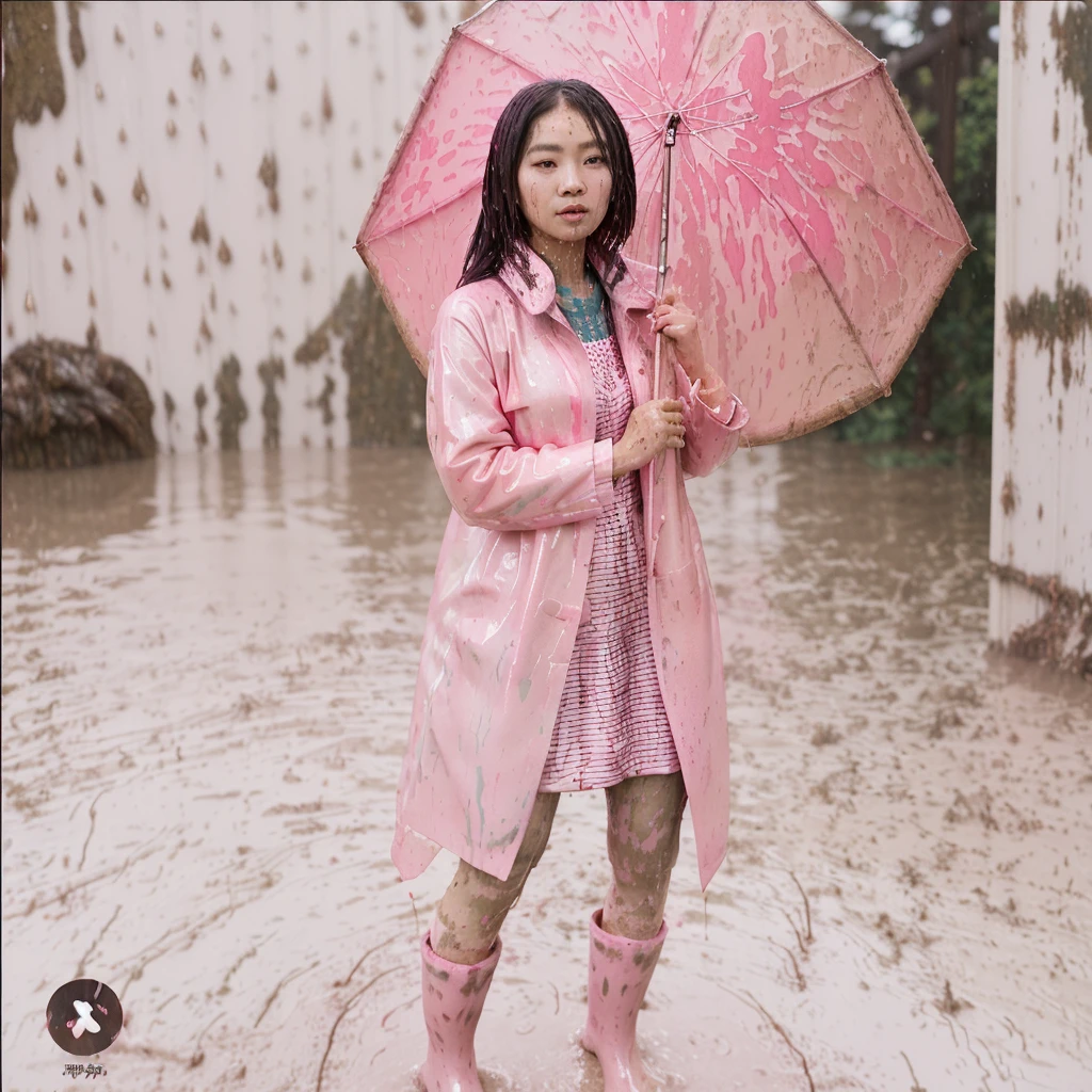 a beautiful asian woman holding a pink umbrella, cute pose, wearing a pink buttoned raincoat, tall pink rain boots, ((((muddy splatters)))), (((muddy raincoat))), (((mud dripping down clothes))) intricate details, highly detailed, masterpiece, 8k, photorealistic, cinematic lighting, vibrant colors, soft focus, elegant, feminine, beautiful, serene, graceful