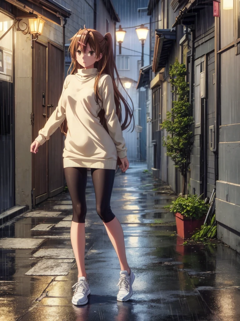 Girl, Sweater dress,Leggings,  Bare breasts, chest visible, street  background, Narrow passage between houses, night, rain, slim body, In full growth, Sneakers, small breast