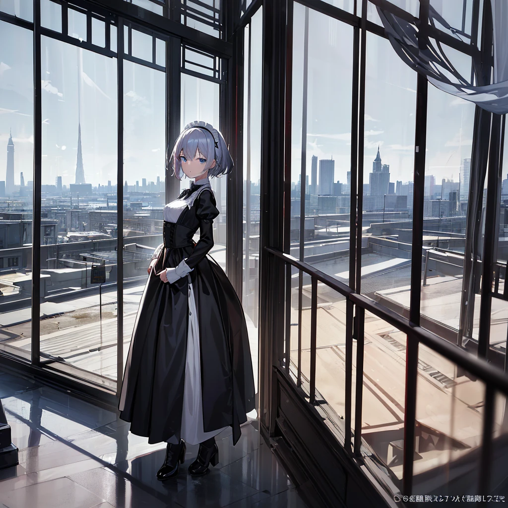 Illustration of one person, Dengeki Bunko, Woman Looking Back, Perfect Human Medicine, Woman keeps falling, {{{{{Maid clothes}}}}},Small Tits,anime, Two legs, Cool,{{{{{50 year old woman}}}}} ,{{{{{a person is depicted}}}}},(Official Art、{{{{{Upper Bodyアングル}}}}},Highest quality、Unity 8k wallpaper、32k、masterpiece、Ultra-detailed、Ultra-high resolution, Realistic、Grab your hair with your hands, Photorealistic:1.2)、(Cinema Lighting:1.2)、,Fire Glow Effect、The most grainy shadows on the film、Rim Light、Side light、Side Shot、(Ultra-detailedで複雑な3Dレンダリング)、Very short hair, Short wolf hair,細部までBeautiful Faceと目、Sharp pupils、Realistic生徒、Slender、Highly detailed background、Beautiful Face、Beautiful 16 year old girl、(Ultra-detailedなスキン、Detailed skin texture:1.Silver Hair:1.3)、Blunt bangs、blue eyes、{{{{{黒いMaid clothes}}}}}、White apron costume、Black knee socks、(Thighs Thighs Thighs Thighs:0.8)、Black Bhutanese sticks and a beautiful sunset、Medieval castle、Dancing on the Tower Roof、(avert your eyes、Overlooking the city:1.3)、Fantastic、Close your mouth and bite, Makes your face smaller, (Tabletop), Highest quality, Perfect Face, 1 Girl, alone, Eye color is light blue, Hair between the eyes, Very Short Hair, blue eyes, Silver Hair, Knee-high boots, corset,Black gloves, Long sleeve, Upper Body,