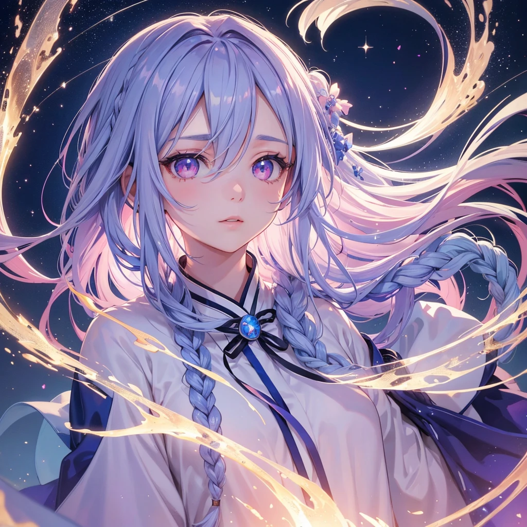 (Sky blue one braid hair),Pink Eyes,Fair skin ,(whole body),(One girl),Hanfu,(The beautiful, sparkling Milky Way in the night sky),Lonely Eyes,,(masterpiece, Highest quality, Very detailed, Best Shadow), (Detailed Background), (Beautifully detailed face), High Contrast, (Best lighting, Very delicate and beautiful), ((Cinematic Light)), colorful, Hyper Detail, Dramatic Light, Intricate details,