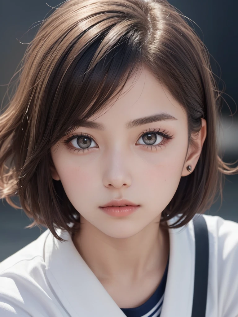 One Girl,(1人のとてもcute女の子:1.3),masterpiece,Highest quality,High resolution,From below,Low - Angle,Photorealistic,RAW Photos,Ray Tracing,beautiful girl,(15 years old:1.3),cute,Big eyes,(detailed pupils:1.2),(The face is facing forward:1.3),Cute nose,Beautiful nose,Upturned nose,Fuller lips,Short brown hair,ponytail,short hair,Detailed eyelashes,Thin eyebrows,Very fine grain definition,(Symmetrical eyes:1.3),(Face close-up,Face Focus:1.0),Small breasts,Short neck,Sailor suit,People emerge,Dark Background,Portrait,View Viewer,Upper Body,Cinema Lighting,Soft Light,Very detailed