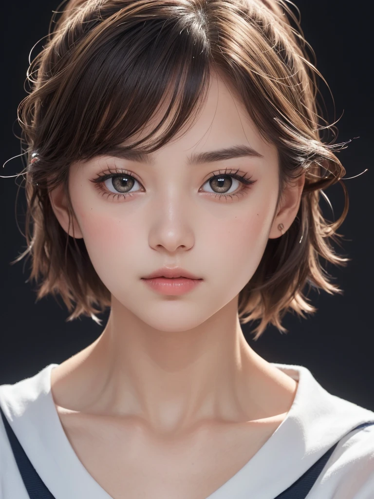 One Girl,(1人のとてもcute女の子:1.3),masterpiece,Highest quality,High resolution,From below,Low - Angle,Photorealistic,RAW Photos,Ray Tracing,beautiful girl,(:1.3),cute,Big eyes,(detailed pupils:1.2),(The face is facing forward:1.3),Cute nose,Beautiful nose,Upturned nose,Fuller lips,Short brown hair,ponytail,short hair,Detailed eyelashes,Thin eyebrows,Very fine grain definition,(Symmetrical eyes:1.3),(Face close-up,Face Focus:1.0),Small breasts,Short neck,Sailor suit,People emerge,Dark Background,Portrait,View Viewer,Upper Body,Cinema Lighting,Soft Light,Very detailed