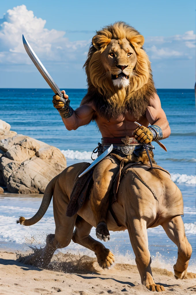 1 man, sunny Beach, knight riding an angry lion, sword in left hand