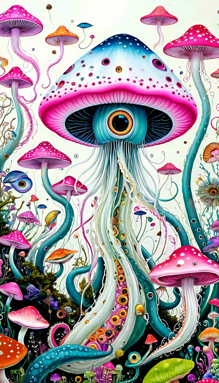 &quot;Dick Ellescas Artist Style&quot;,Mushroom UFO，Tentacles瀑布，fish，Tentacles，bird、Eye、diatom，Stitching together an abstract painting，Describing the inner world of autistic people，Sense of space，White Space，interesting，Innocence，Psychedelic Art，Pink theme