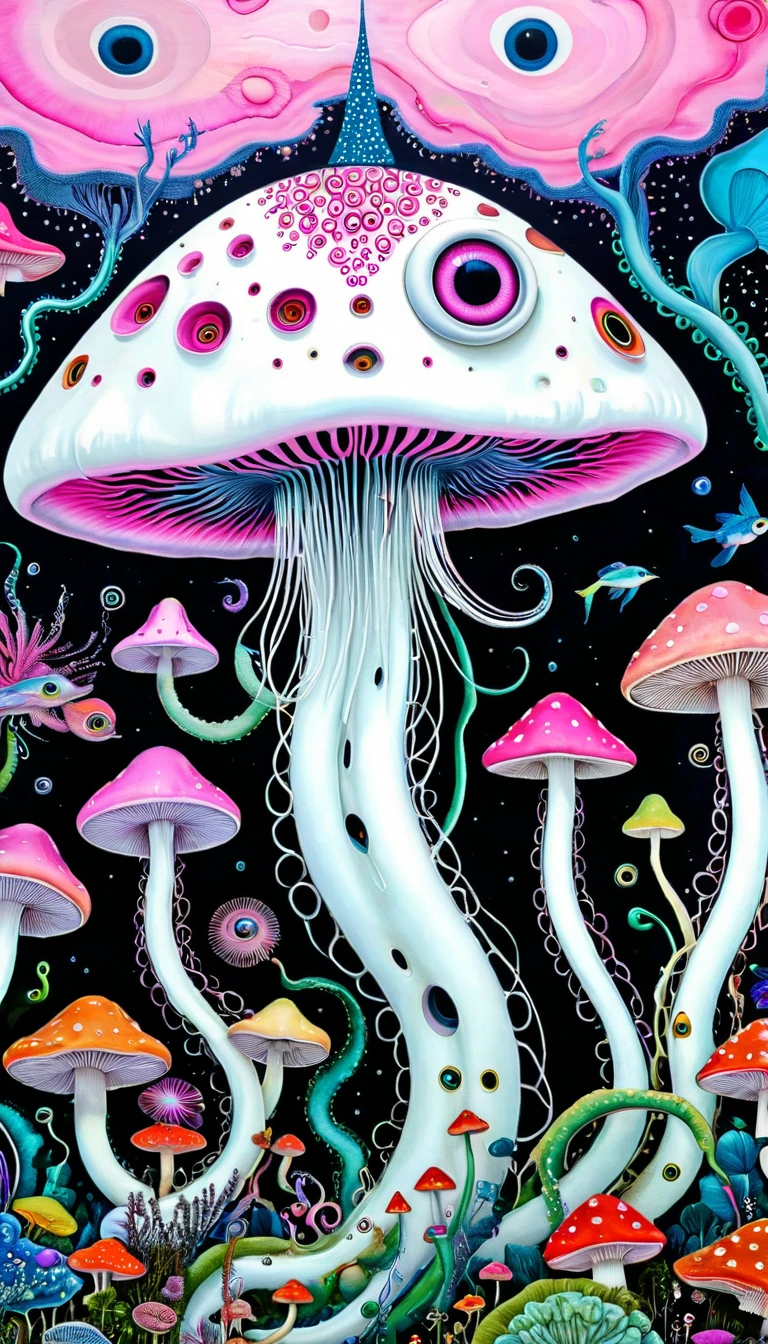 "Dick Ellescas Artist Style",Mushroom UFO,Tentacles瀑布,fish,Tentacles,bird、Eye、diatom,Stitching together an abstract painting,Describing the inner world of autistic people,Sense of space,White Space,interesting,Innocence,Psychedelic Art,Pink theme