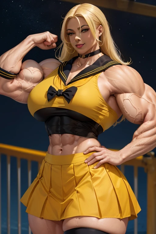 ((((Massive tall, beautiful, buff, light brown skinned muscular woman with yellow hair, black lipstick, ginormous bulky muscles and wearing a beautiful long yellow sailor top with sailor skirt)))), (close view), (massive muscles), long flowing hair, ((yellow sailor skirt)), gray eyes, choker, (((beautiful yellow sailor top))), belt, thigh high socks, black boots, (in the docks), (closed smile), night, massive muscles