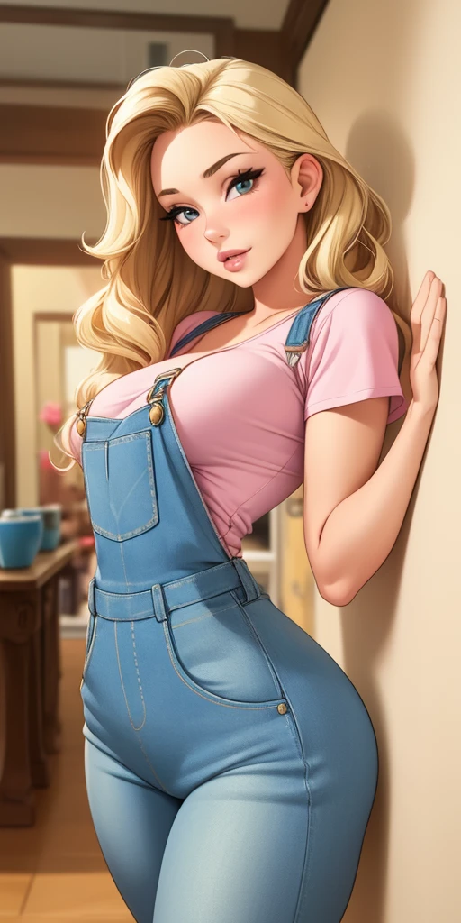 🌸🌸🌸Medium round saggy breasts, vivid color, 1 girl, (curved:1.0), (full body:0.8), girl wearing overalls, blouse under denim overalls, Sensual, sophie mudd portrait, casual pose, gorgeous Young model, cute Young woman, a beautiful -aged girl, very beautiful model, Young, cute Young girl, shorter blonde hair, Light hair, shiny hair, Young and cute girl, seductive look, wild pose, Sensual pose ( best quality, ultra detailed, photorealistic : 1.39 ), bright and vibrant colors, studio lighting, romantic expression, seductive, at home in the hallway of the building (❤❤❤)
