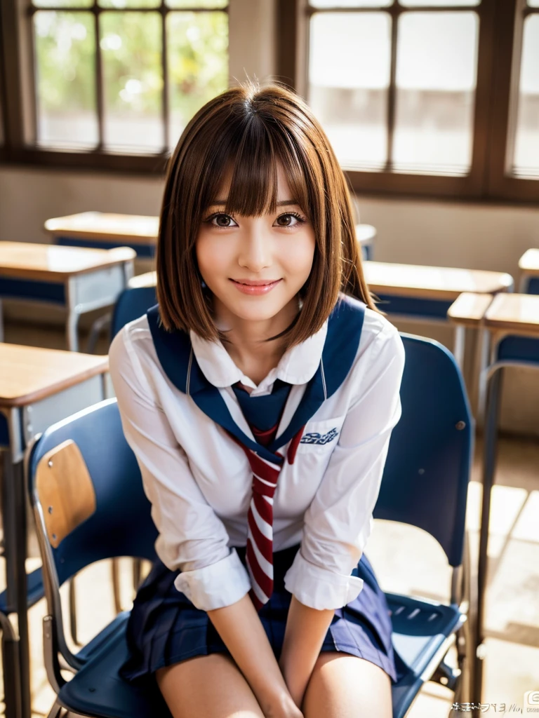 8k,best quality, masterpiece, ultra detailed, ultra high res, photorealistic, raw photo, absurdres, absolutely resolution, 1girl, full body, looking at viewer,a Japanese young pretty woman, hyper cute face, glamorous figure, large breasts,long bob hair,smile,(school uniform:1.3),beautiful eyes, ,windy, (I'm sitting in a chair in a classroom:1.3),glossy lips, double eyelids in both eyes, natural makeup, long eyelashes, shiny smooth light brown long bob hair, asymmetrical bangs, shiny skin, central image, high resolution, high detailing, detailed hairstyle, detailed face, spectacular movie lighting, octane rendering, vibrant, hyper realistic, perfect limbs, perfect anatomy
