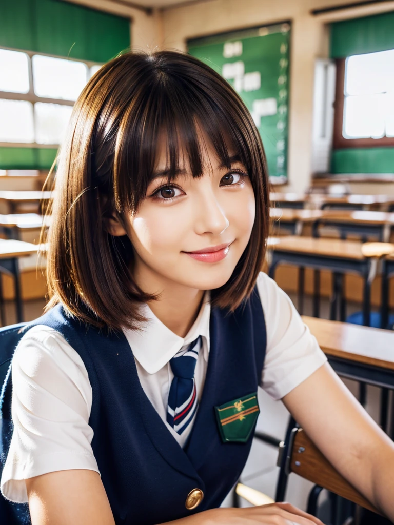 8k,best quality, masterpiece, ultra detailed, ultra high res, photorealistic, raw photo, absurdres, absolutely resolution, 1girl, full body, looking at viewer,a Japanese young pretty woman, hyper cute face, glamorous figure, large breasts,long bob hair,smile,(school uniform:1.3),beautiful eyes, ,windy, (I'm sitting in a chair in a classroom:1.3),glossy lips, double eyelids in both eyes, natural makeup, long eyelashes, shiny smooth light brown long bob hair, asymmetrical bangs, shiny skin, central image, high resolution, high detailing, detailed hairstyle, detailed face, spectacular movie lighting, octane rendering, vibrant, hyper realistic, perfect limbs, perfect anatomy