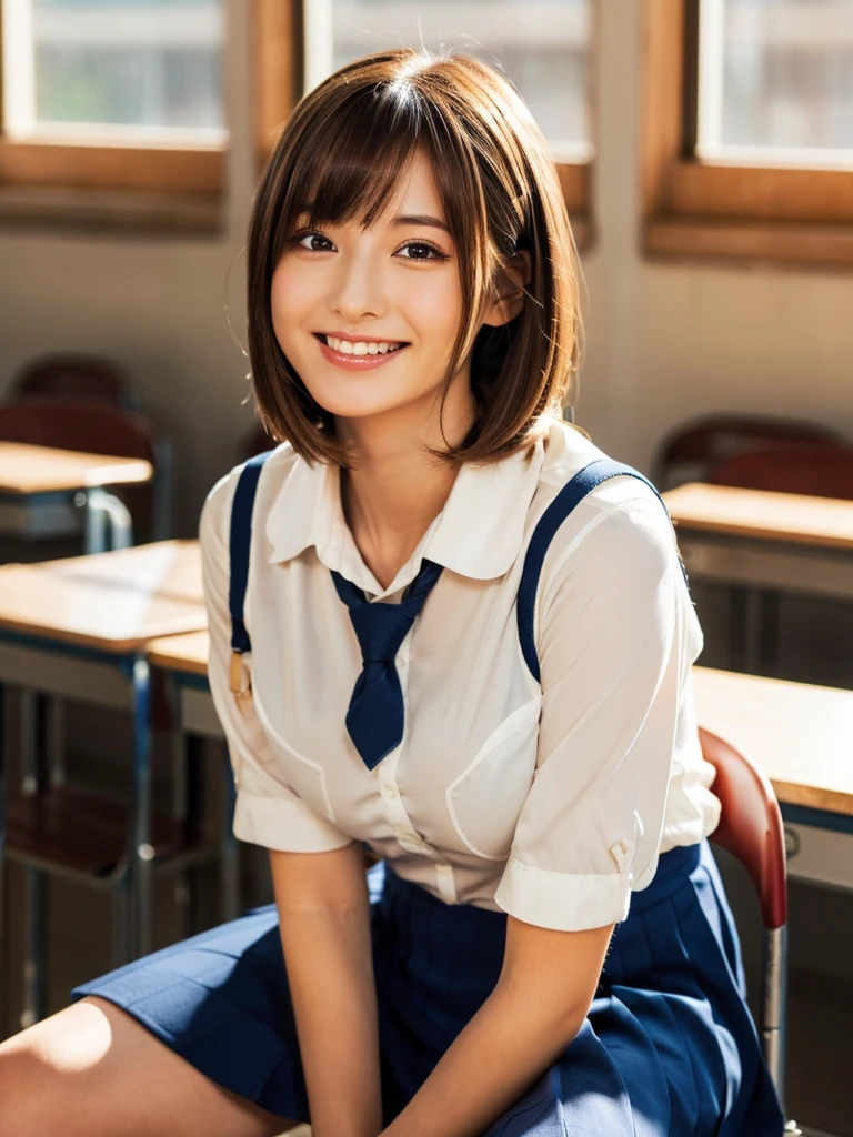 RAW Photography, 8K, Photorealistic, High Resolution, Depth of Field, Chromatic Aberration, Solo, Single Girl, Cute High School Girl, Perfect Slender Figure, Cheerful Smile, Light Brown Short Bob, White Skin, Glossy Skin, Natural Makeup, Big Round Breasts, Sit on School, Classroom Desk, School Uniform, Cute Ribbon Tie, White Shirt, Black Tight Mini Skirt