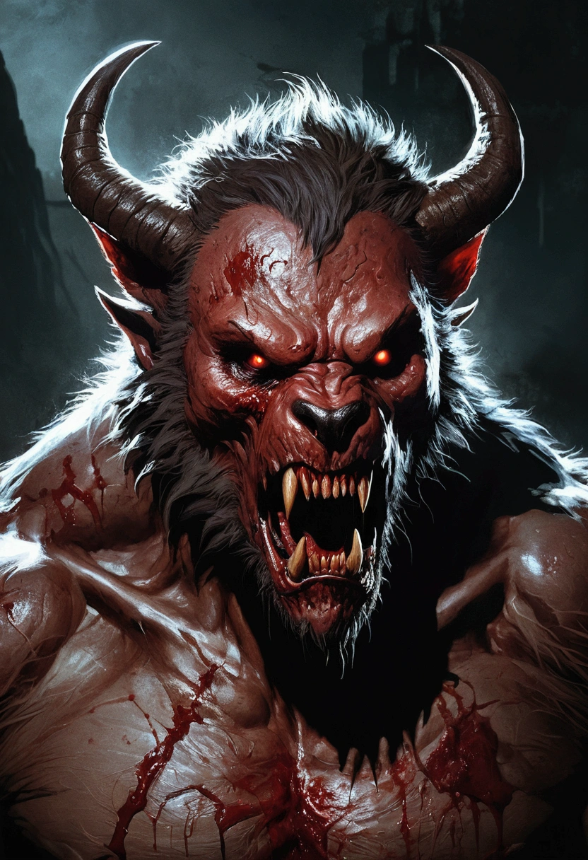 A painting of a werewolf creature with a bloodied face with horns, carnage, Sci - Horror Art of Fiction, Science fiction horror artwork, inspired by Aleksi Briclot, wolf, de carnage, Horror fantasy art, par Aleksi Briclot, Horror concept art, venin, Art fantastique et horreur, Detailed illustration of 4K horror, beast creature, Dark Horror Art