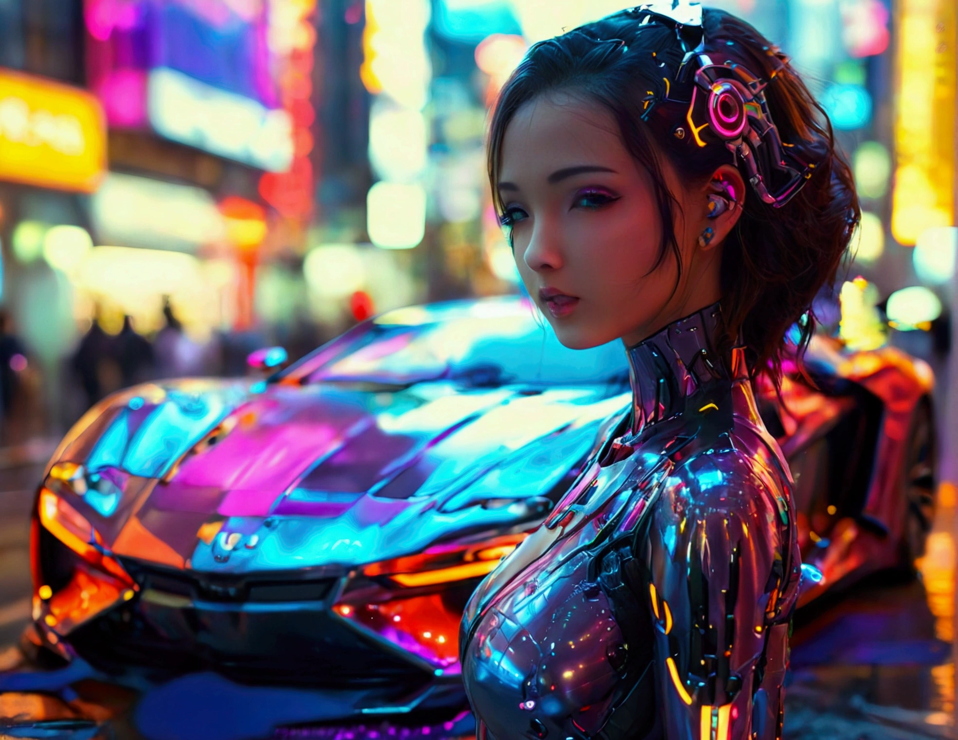 A cute woman ( sexy skin suit, a few cybernetic data-ports mar her skin, neon chrome color scheme (random color)) posing next to a matching cyber super car, future tokyo
