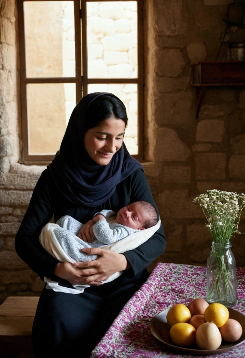 Ana, Joaquim and the newborn Maria are represented in a realistic scene, in a simple and humble environment in Palestine. Ana, dark-haired and dressed in modest clothes, carefully holds Maria in her arms. Beside them, Joaquim, at 35 years old, is looking tenderly at his family. They are in a simple interior space, perhaps a living room or a rustic stone and wood environment, lit by soft light coming through a narrow window. In the background, you can see a table with basic foods and a vase of simple flowers. Ana is smiling with motherly love, while Maria, wrapped in simple fabrics, sleeps peacefully in her mother's arms. There are no visible images or idols, just the calm and welcoming atmosphere of a family united by the Hebrew faith, highlighting the spiritual connection and love between Ana, Joachim and Mary.
