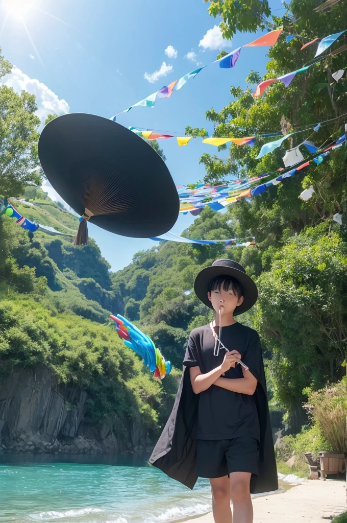 Black-haired male pupil, boy, short-sleeved shorts, wearing a long cape, a straw hat with two streamers and countless wind chimes, blowing a green flute on the back of a huge fish made of water, leading more fish behind him