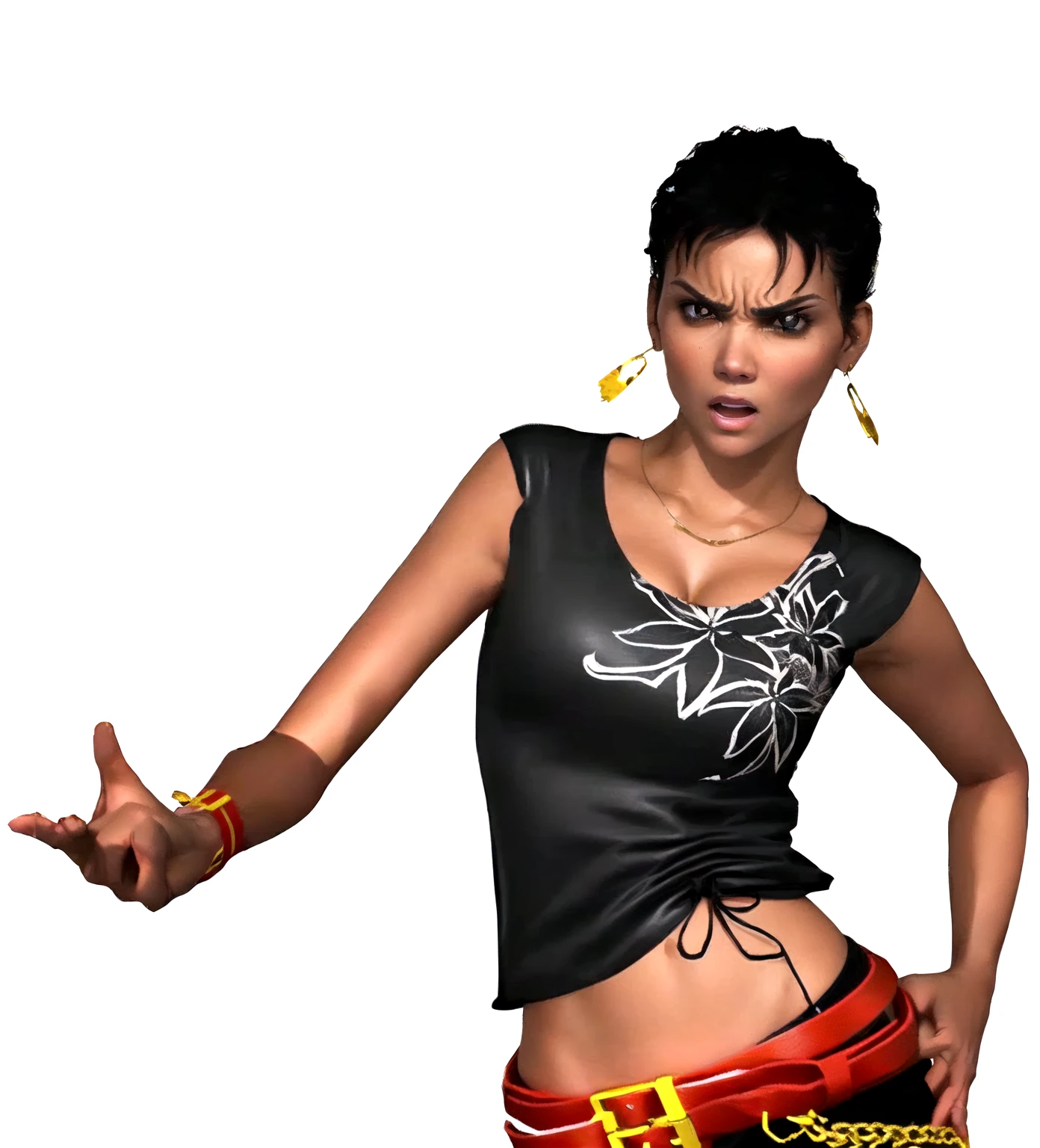 she's black, black hair, dark brown eyes, ((eyes turned to look at the camera)), swedish, as a character in Out Run 2, of SEGA, 3D CG from the 2000s, Holly, 2k, 2 k, ((angry face)), realistic, render of halle berry, fighting game character, from tekken, bright clean face, from devil may cry, wide open curious eyes,  black leather shirt with black and white flower art on it, simple golden necklace and earrings, left hand on the hips, red belt, red wristband, very frowny, angry expression, shouting