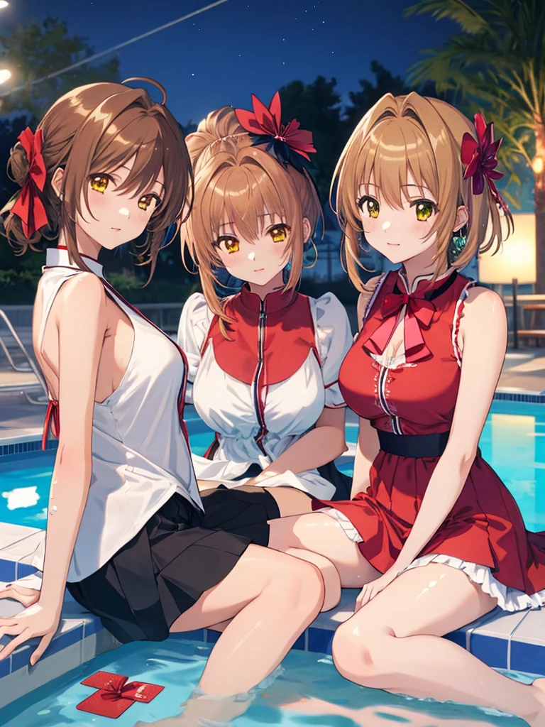 night, Hotel swimming pool, Night Party, Pool Party, (masterpiece), highest quality, Card Captor Sakura_Sakura Kinomoto, 3girls, uhd, retina, masterpiece, ccurate, anatomically correct, textured skin, super detail, high details, high quality, best quality, highres, 4K