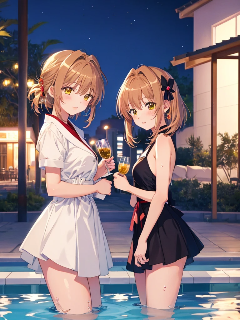 Anime girl sitting on a bench with a bottle of wine, Fine details. girls' frontline, with a drink, girls frontline style, from girls frontline, two beautiful anime girls, Kantai Collection Style, Anime Girls, wlop and sakimichan, Trending on CGSTATION, girls frontline cg, guweiz on pixiv artstation, Trending on ArtStation pixiv、is looking at the camera、Red cheeks、Being intoxicated with alcohol、lascivious、a couple、Canned beer、Bottles of wine