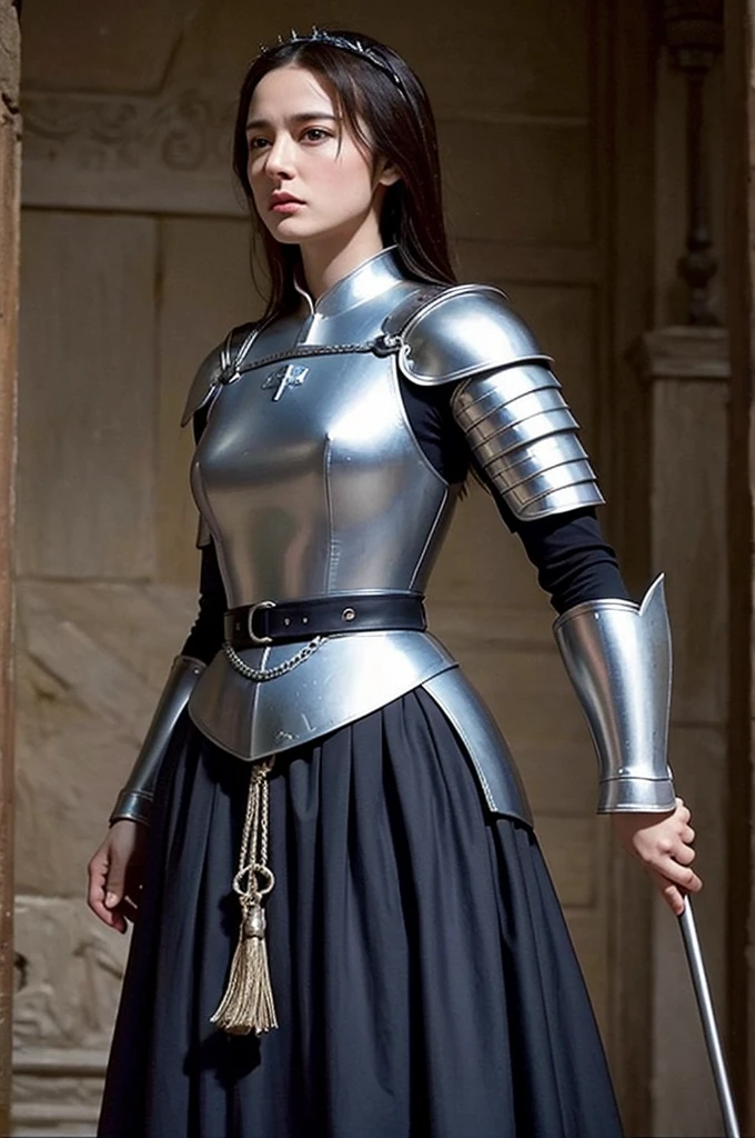 Joan of Arc dressed as a man, cinematic style, left view, beautiful