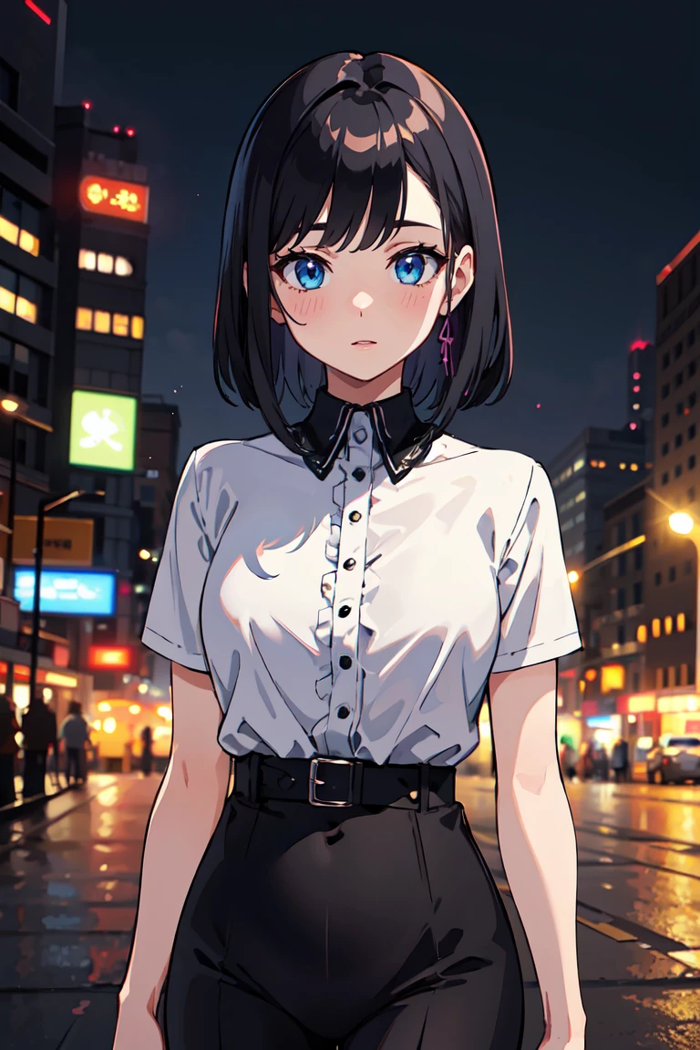 masterpiece, Highest quality, Highly detailed background, Perfect lighting, Highest quality, (Highly detailed face), Volumetric lighting, Intricate details, Shadow, Tone Mapping, Sharp focus, Super detailed, Trending on Art Station, (alone) ((Looking at the audience)), ((City night background)) .Girl with medium black hair. blue eyes. Curvy. blush, Transparent muscle. whole body. ((black, Goth, casual, Clothes)) Gothic dressed