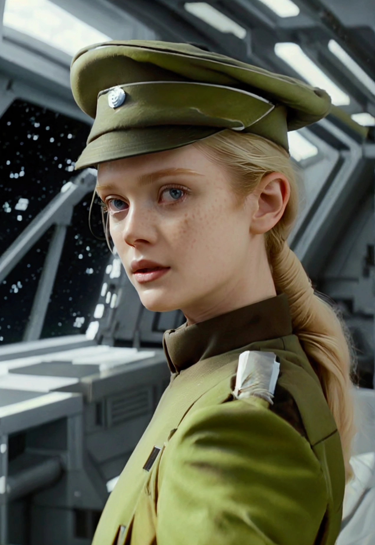 Elle Fanning in (olive gray imperialofficer uniform), hat, gloves, blonde hair in ponytail, Long neck, pale albino white skin, freckles, star destroyer bridge, triangular window into space starfield night, masterpiece, beautiful realistic, film grain