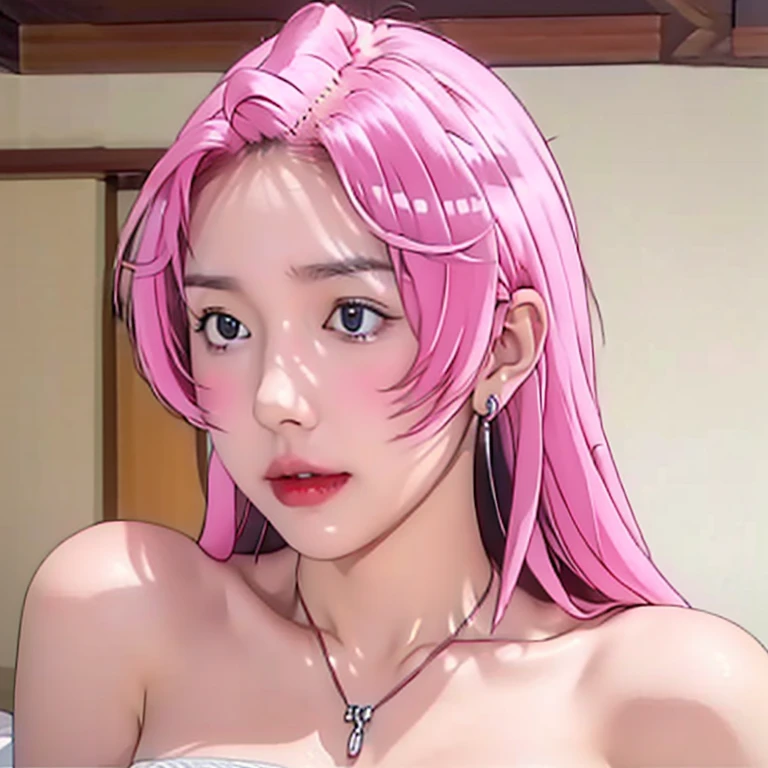 (1 girl:1.3), Alone, open shot, full body masterpiece, Ultra realistic, 16K, Dreamy atmosphere, r3b3cc4 young, Sensual (Erotic), 1 girl (cute young) alone, delicate (seductive) female face, silky realistic clear hair, looking at viewer, Sakuragi Otome (otome dori), pale-pink hair, simple unfocused background, bedroom background, jewelry, earrings, necklace, young beauty, portrait, hoop earrings, realistic, soft lighting, very hot body , photorealistic, detailed clear eyes, extremely erotic, delicate feminine, muscular female body, large natural breasts, belly hot, narrow waist, proportionally big hips, thick legs, beautiful, nude, different sensual positions, raw, analog, sharp focus, 8K, high definition, dslr, high quality, Fujifilm XT3, Film grain, award winning, highly detailed skin artwork, realistic skin details, visible pores, clear focus, volumetric fog, 8k hd, dslr, high quality, Film grain, light skin, photographic realism , lomography 