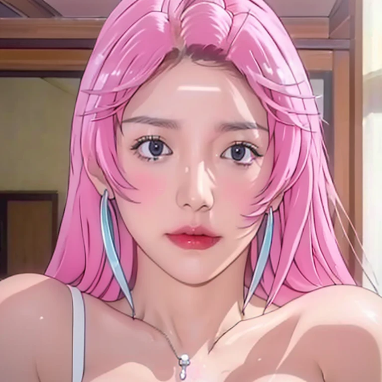 (1 girl:1.3), Alone, open shot, full body masterpiece, Ultra realistic, 16K, Dreamy atmosphere, r3b3cc4 young, Sensual (Erotic), 1 girl (cute young) alone, delicate (seductive) female face, silky realistic clear hair, looking at viewer, Sakuragi Otome (otome dori), pale-pink hair, simple unfocused background, bedroom background, jewelry, earrings, necklace, young beauty, portrait, hoop earrings, realistic, soft lighting, very hot body , photorealistic, detailed clear eyes, extremely erotic, delicate feminine, muscular female body, large natural breasts, belly hot, narrow waist, proportionally big hips, thick legs, beautiful, nude, different sensual positions, raw, analog, sharp focus, 8K, high definition, dslr, high quality, Fujifilm XT3, Film grain, award winning, highly detailed skin artwork, realistic skin details, visible pores, clear focus, volumetric fog, 8k hd, dslr, high quality, Film grain, light skin, photographic realism , lomography 