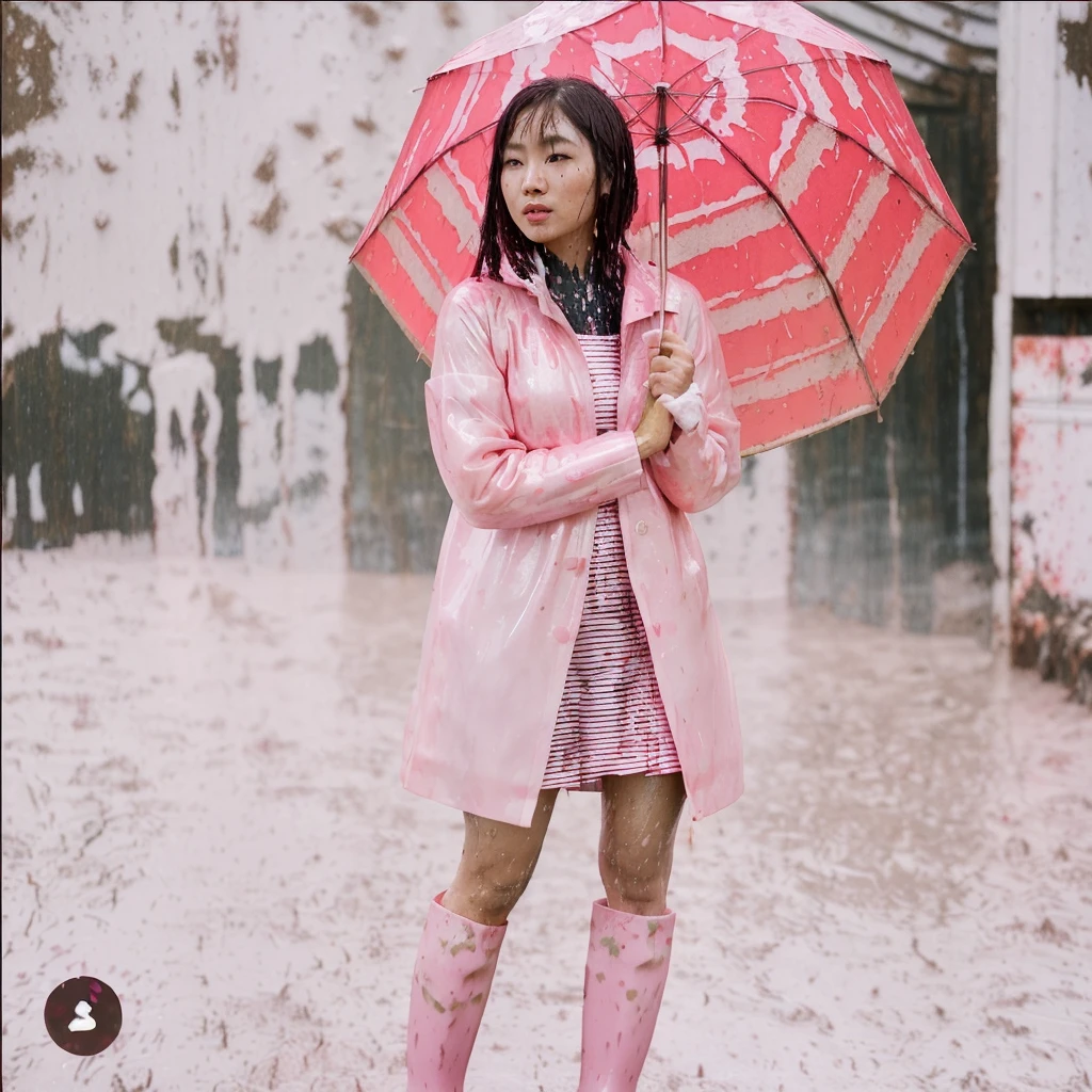 a beautiful asian woman holding a pink umbrella, cute pose, wearing a pink buttoned raincoat, tall pink rain boots, ((((muddy splatters)))), (((muddy raincoat))), (((mud dripping down clothes))) intricate details, highly detailed, masterpiece, 8k, photorealistic, cinematic lighting, vibrant colors, soft focus, elegant, feminine, beautiful, serene, graceful
