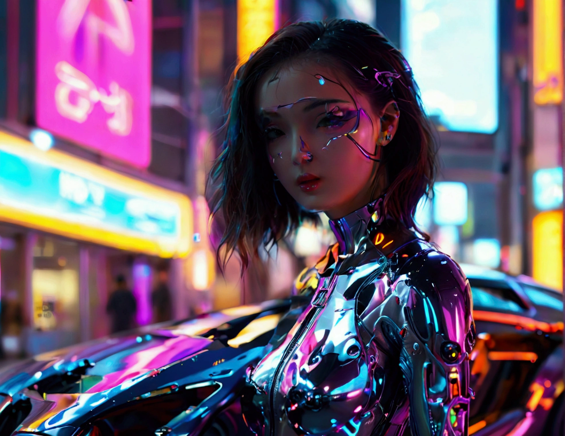 A cute woman, sexy skin suit, a few cybernetic data-ports mar her skin, neon chrome color scheme, posing next to a matching cyber super car, future tokyo, extremely detailed, high quality, 8k, photorealistic, masterpiece, cinematic lighting, vivid colors, chrome, neon, cyberpunk, science fiction, futuristic,  seamless, intricate details, sharp focus, volumetric lighting