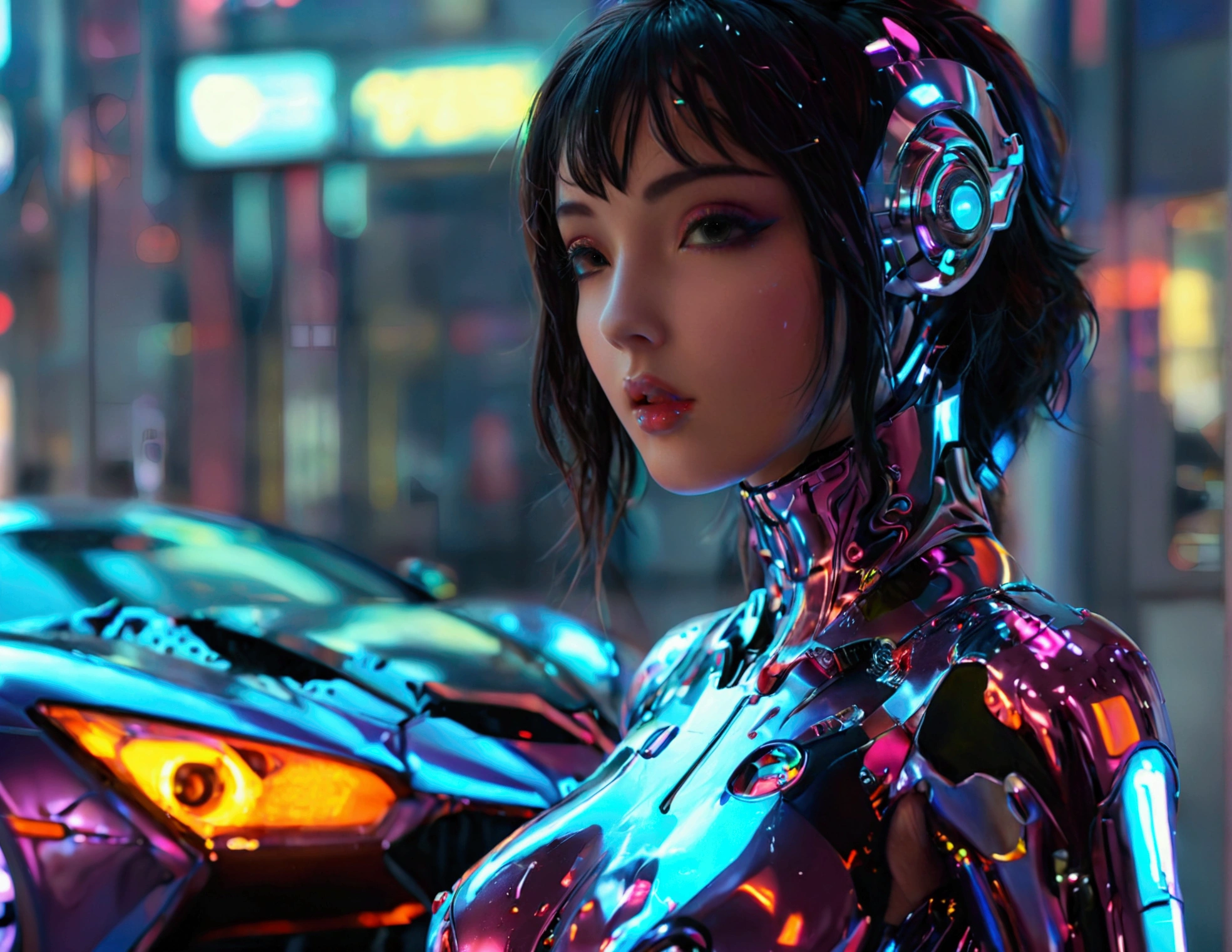 A cute woman, sexy skin suit, a few cybernetic data-ports mar her skin, neon chrome color scheme, posing next to a matching cyber super car, future tokyo, extremely detailed, high quality, 8k, photorealistic, masterpiece, cinematic lighting, vivid colors, chrome, neon, cyberpunk, science fiction, futuristic,  seamless, intricate details, sharp focus, volumetric lighting
