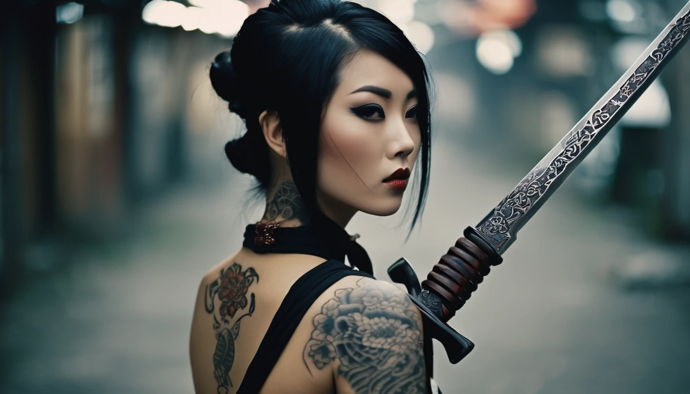 35mm vintage photo , Arafed beautiful woman with a sword and tattoo sitting on the ground, slim yakuza girl, katanas strapped to her back, Oriental tattoos, She holds a katana sword, female samurai, Yakuza tattoo on the body, of a Taiwanese girl with tattoos, Full body tattoos, Full body tattoos, behind her a decorated Korean pole weapon, Geisha tattoo, gangster hand sign, bokeh, professional