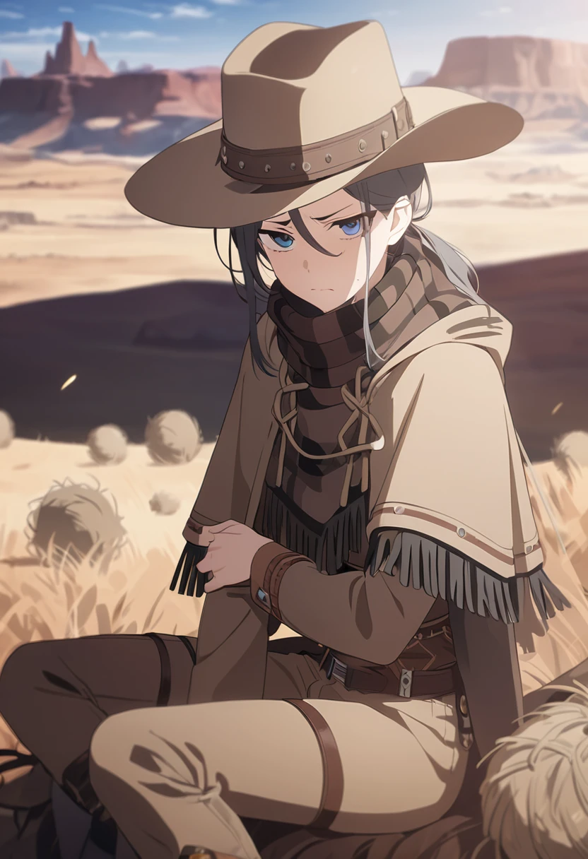masterpiece,best quality,depth of field,8K,looking at the viewer,dark gray hair,blue eyes,light brown chaps,dark brown poncho,갈색 Ten gallon hat,brown leather jumper,chic,wseifuku,male,sky,frowning,badlands,western frontier,tumbleweed rolling around,sitting,male,(charismatic eyes 1:1)