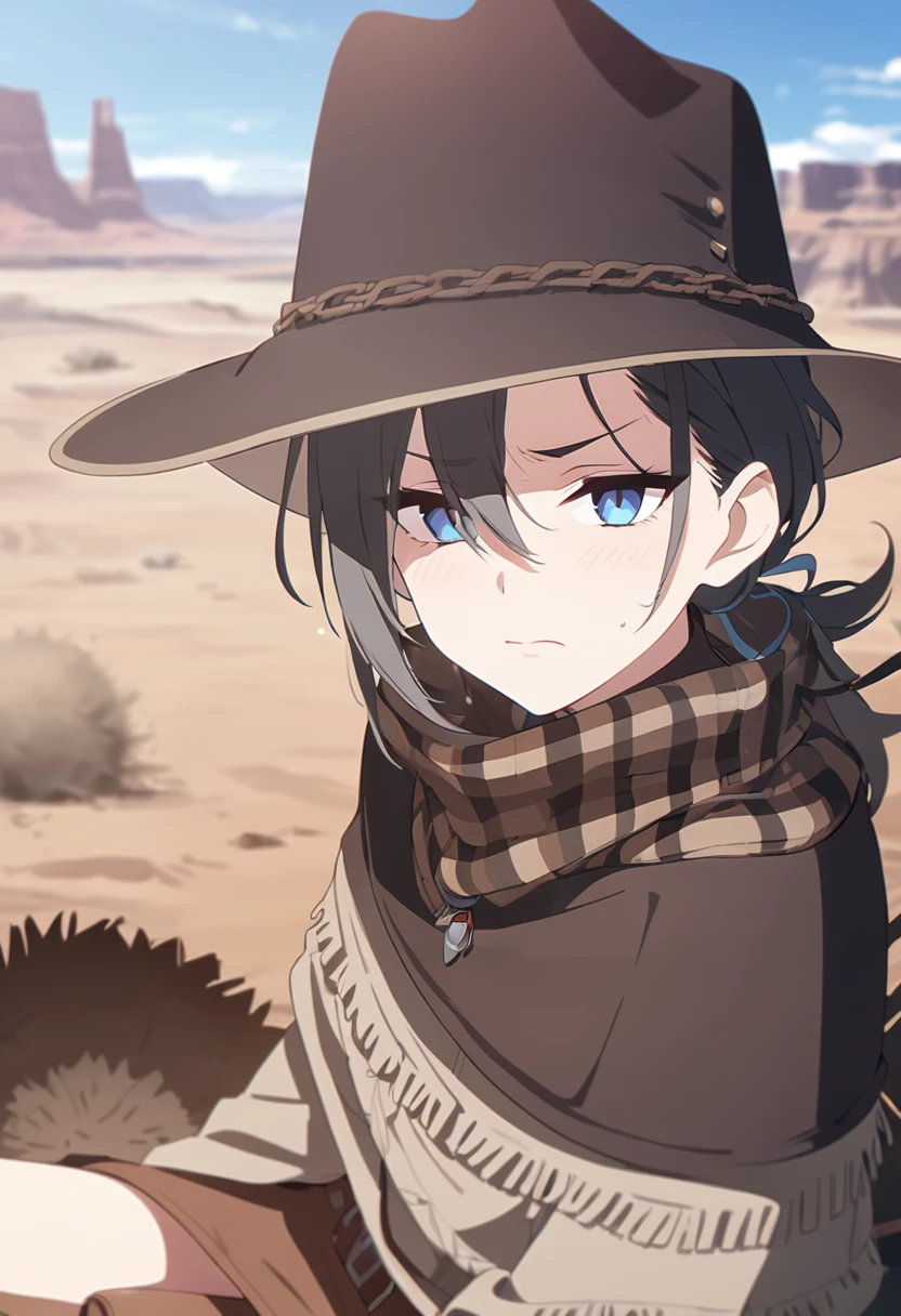 masterpiece,best quality,depth of field,8K,looking at the viewer,dark gray hair,blue eyes,light brown chaps,dark brown poncho,갈색 Ten gallon hat,brown leather jumper,chic,wseifuku,male,sky,frowning,badlands,western frontier,tumbleweed rolling around,sitting,male,(charismatic eyes 1:1)