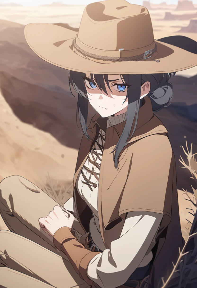 masterpiece,best quality,depth of field,8K,looking at the viewer,dark gray hair,blue eyes,light brown chaps,dark brown poncho,갈색 Ten gallon hat,brown leather jumper,chic,wseifuku,male,sky,frowning,badlands,western frontier,tumbleweed rolling around,sitting,male,(charismatic eyes 1:1)