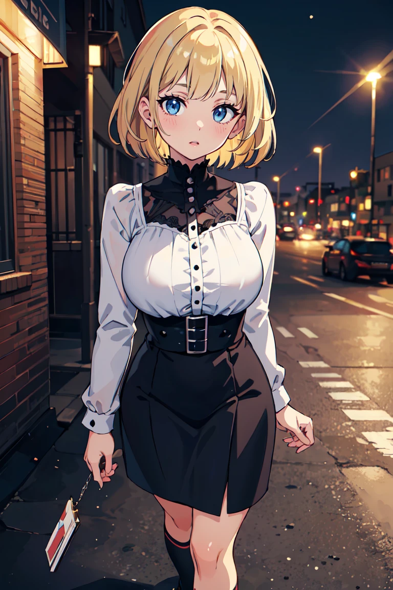 masterpiece, best quality, highly detailed background, perfect lighting, best quality, (extremely detailed face), volumetric lighting, intricate details, shadow, tonemapping, sharp focus, hyper detailed, trending on Artstation, (solo) ((Looking at the viewer)) .Girl with short blond hair. Brown eyes. curvy. Blush, Clear skin. Big bust.((Gothic dressed)). Gothic shoes. ((Gothic makeup)) ((neighborhood neighbor)) Dynamic pose